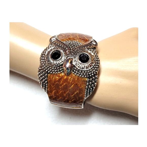 Wide Owl Statement Hinged Cuff Bracelet Brown Enamel Silvertone Metal Cabincore - Picture 1 of 8